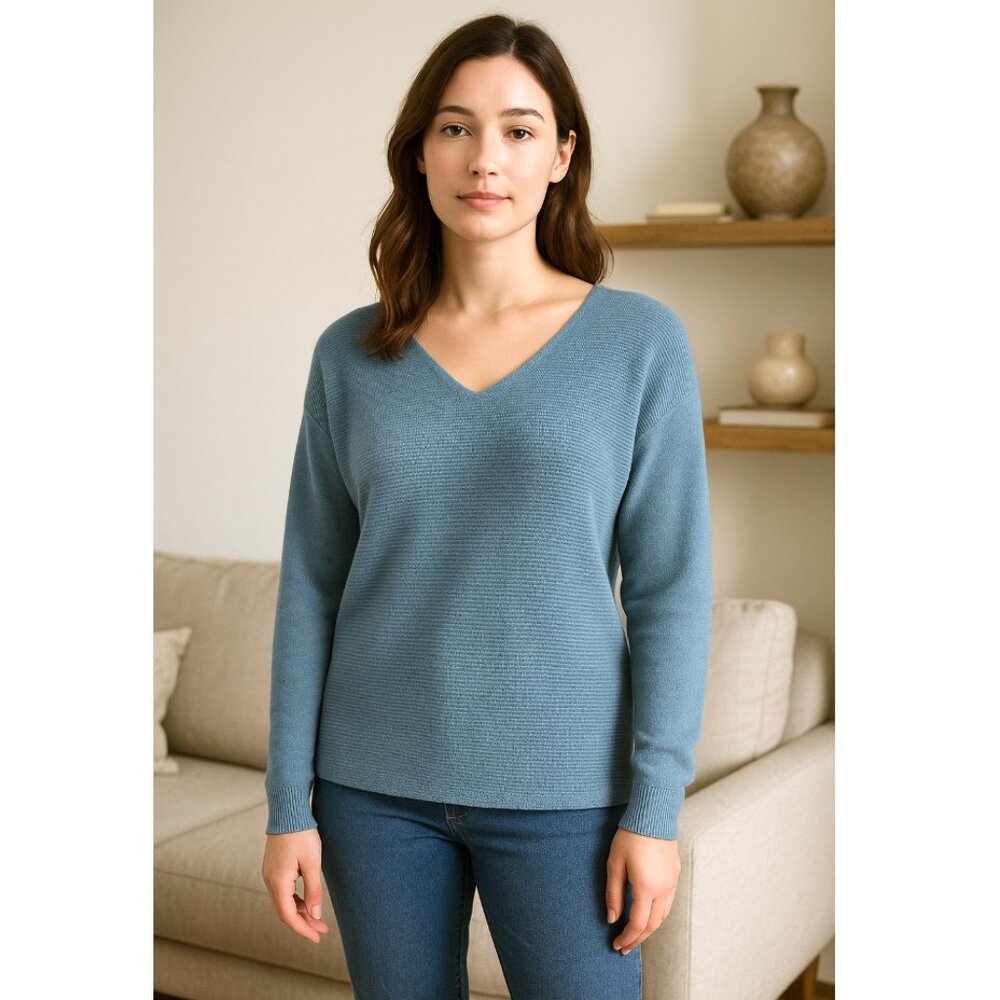 Ella Moss | Ribbed V-Neck Sweater Cuffed Long Sleeve in Sea Blue | Size Small